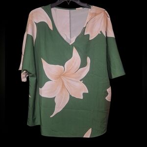 Green Floral V-Neck Top with Cream Blooms